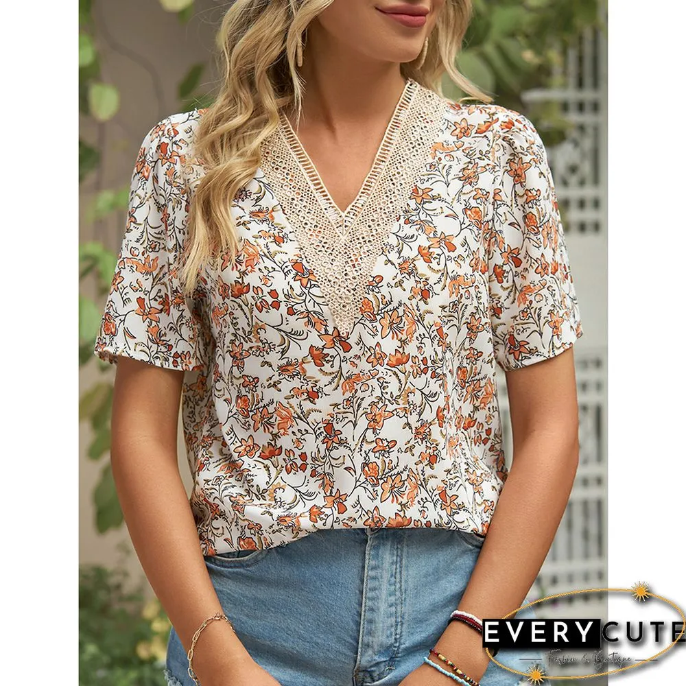 Orange V Neck Floral Chiffon Short Sleeve Tees