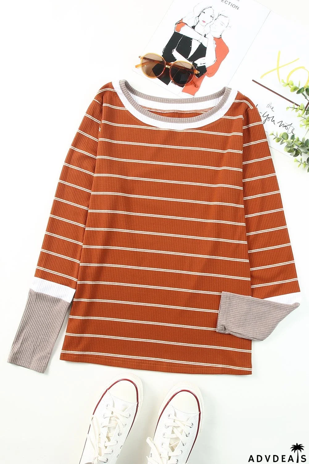 Extend Color Block Cuffs Rib Knit Striped Pullover