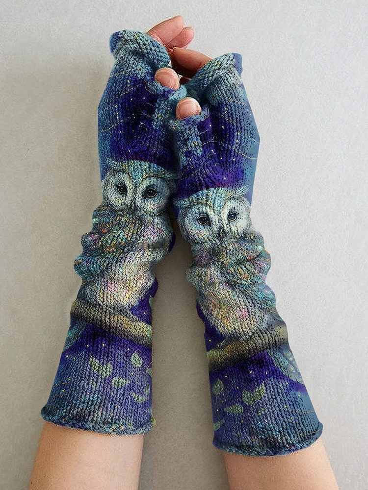 Women's Owl Art Printing Fingerless Gloves