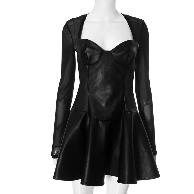 Churchf Black Long Sleeve Mesh PU Leather Mini Dress