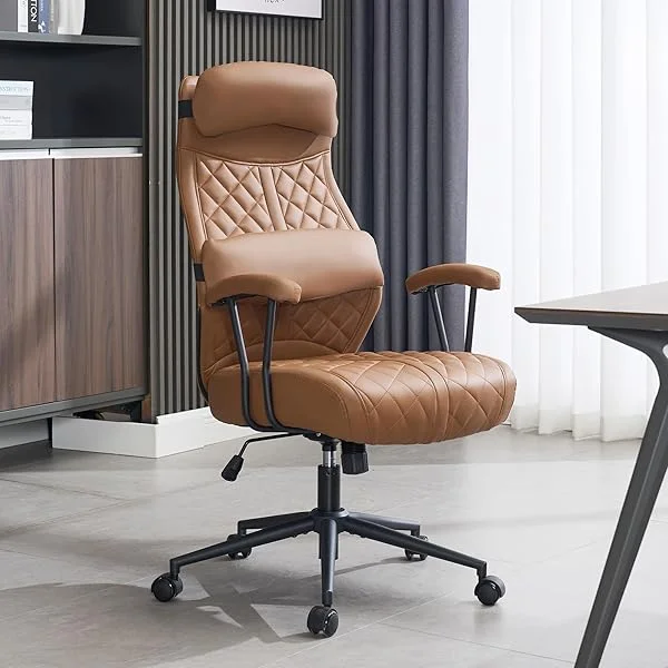 Modern Leather Office Chair, High Back Conference Room Chairs Mid-Century Reclining Office Chair with Removable Pillow, Padded Executive Office Chair for Home, Office. Brown