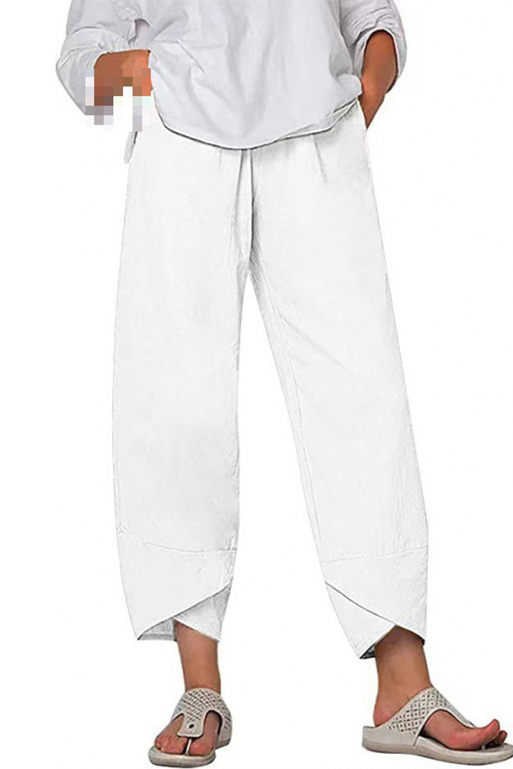 Plus Size Casual Black Cotton And Linen High Rise Crossover Hem Wide Leg Pants 2024 - Flycurvy 
