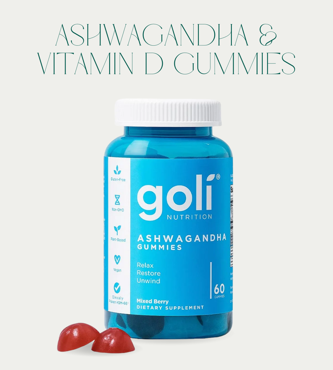 Goli Ashwagandha & Vitamin D Gummy - Mixed Berry. KSM-66. Vegan. Plant Based. Non-GMO. Gluten-Free & Gelatin Free.