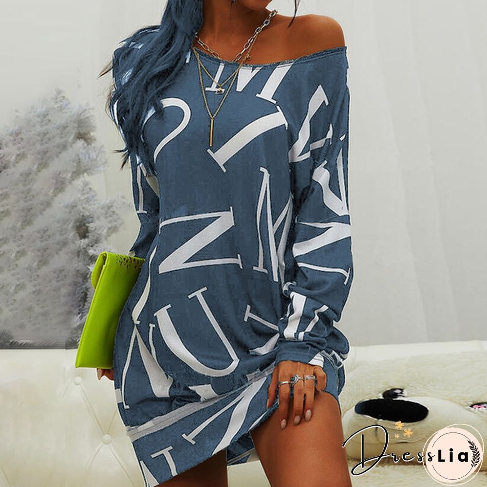 Xs-8Xl Autumn And Winter Dress Plus Size Clothes Women's Casual Long Sleeve T-Shirt Dresses Letter Printed Pullover Sweatshirt Dress Ladies O-Neck Loose Dress Off Shoulder Short Dress Mini Party Dress