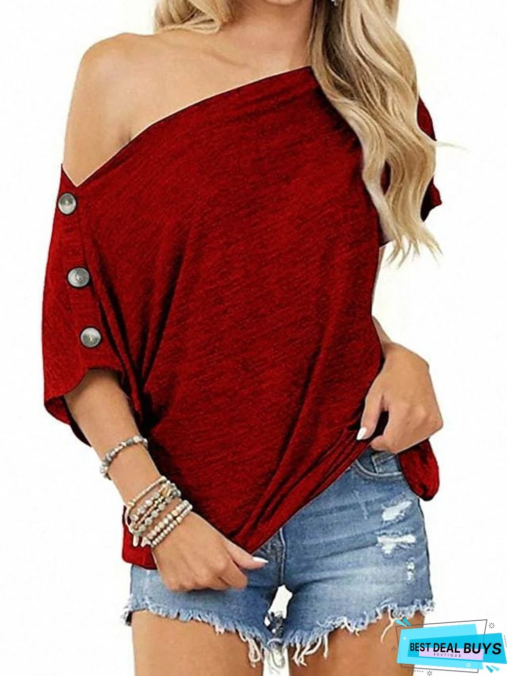 Women's T-Shirt Plain Button Off Shoulder Tops Basic Top Black Blushing Pink Wine