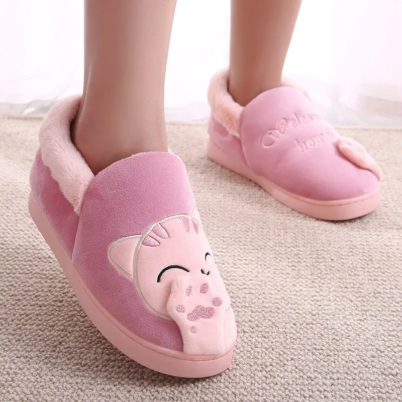 Qengg Women's Plush Slippers Winter House Shoes Women Warm Home Couple Shoes Female Cat Animal Ladies Slip On Flats Woman Plus Size 44