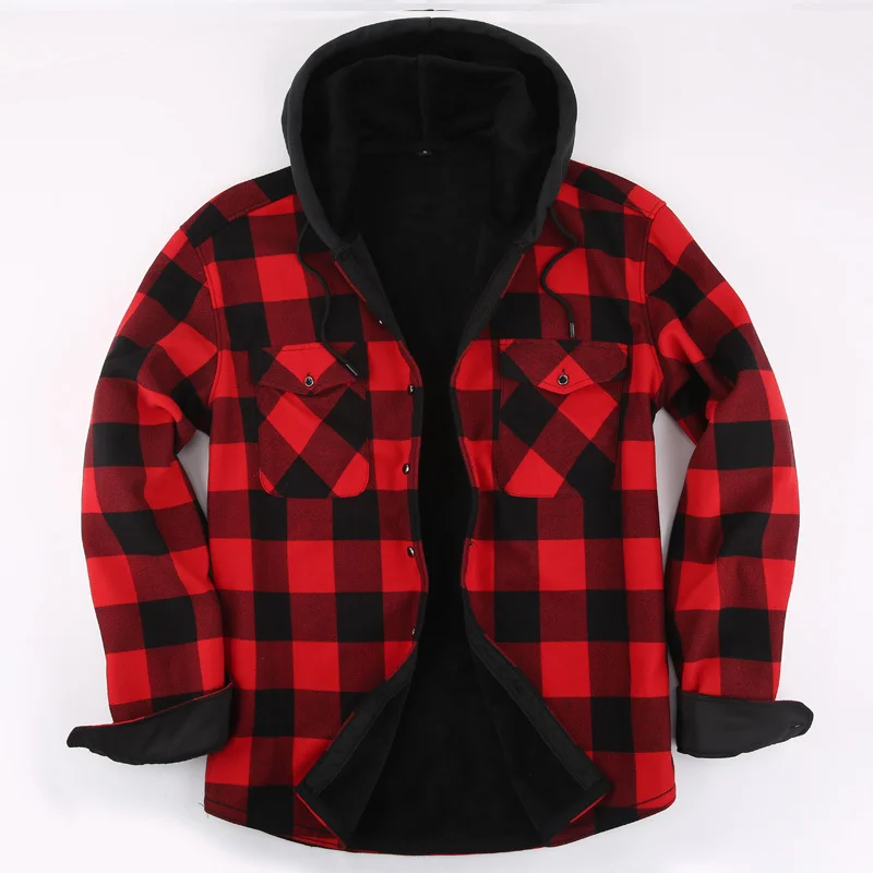 Men's Hooded Fleece Warm Jacket Long Sleeve Square Collar Casual Jacket