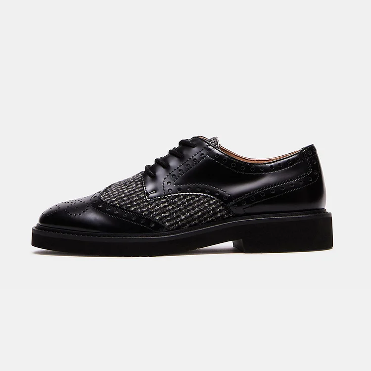 Black Round Toe Houndstooth Business Lace Up Oxford Shoes Women |FSJ Shoes