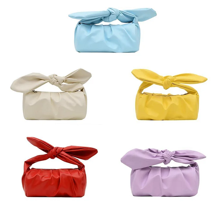 Designer Women Pleated PU Leather Bow Tie Handbag Small Tote Purse Pouch-Annaletters