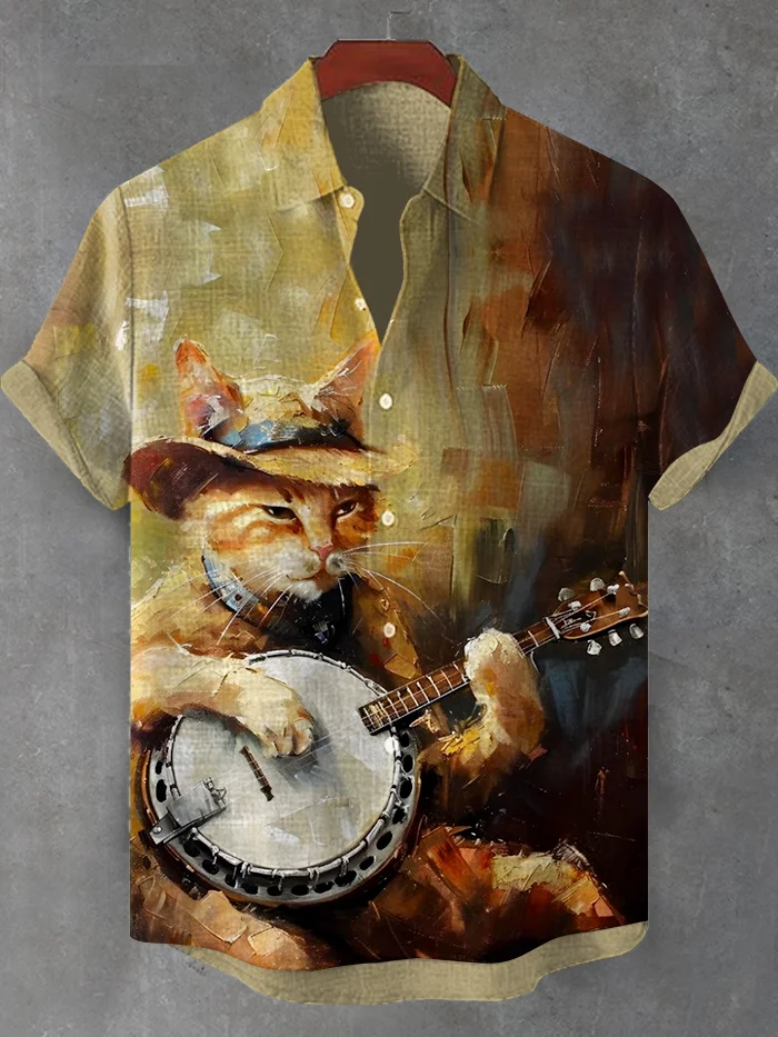 Men's Western Cowboy Cat Plays Guitar Oil Painting Print Shirt