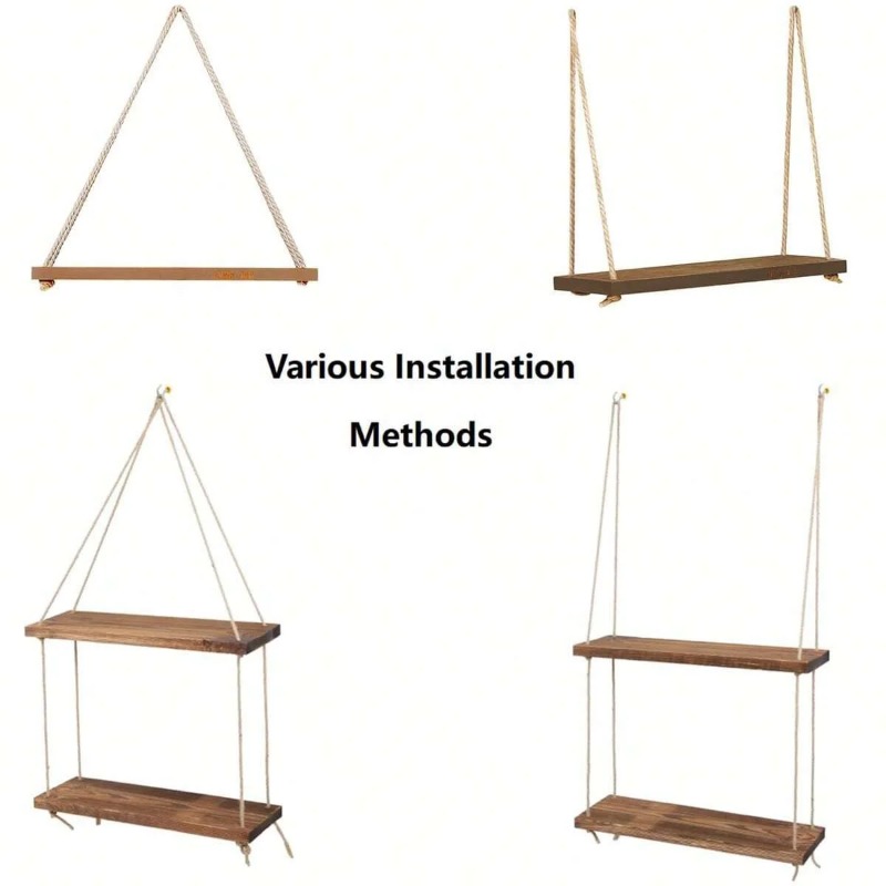 Tegooe Wood Hanging Rope Floating Shelves - Wall Mounted Storage for Plants Decor