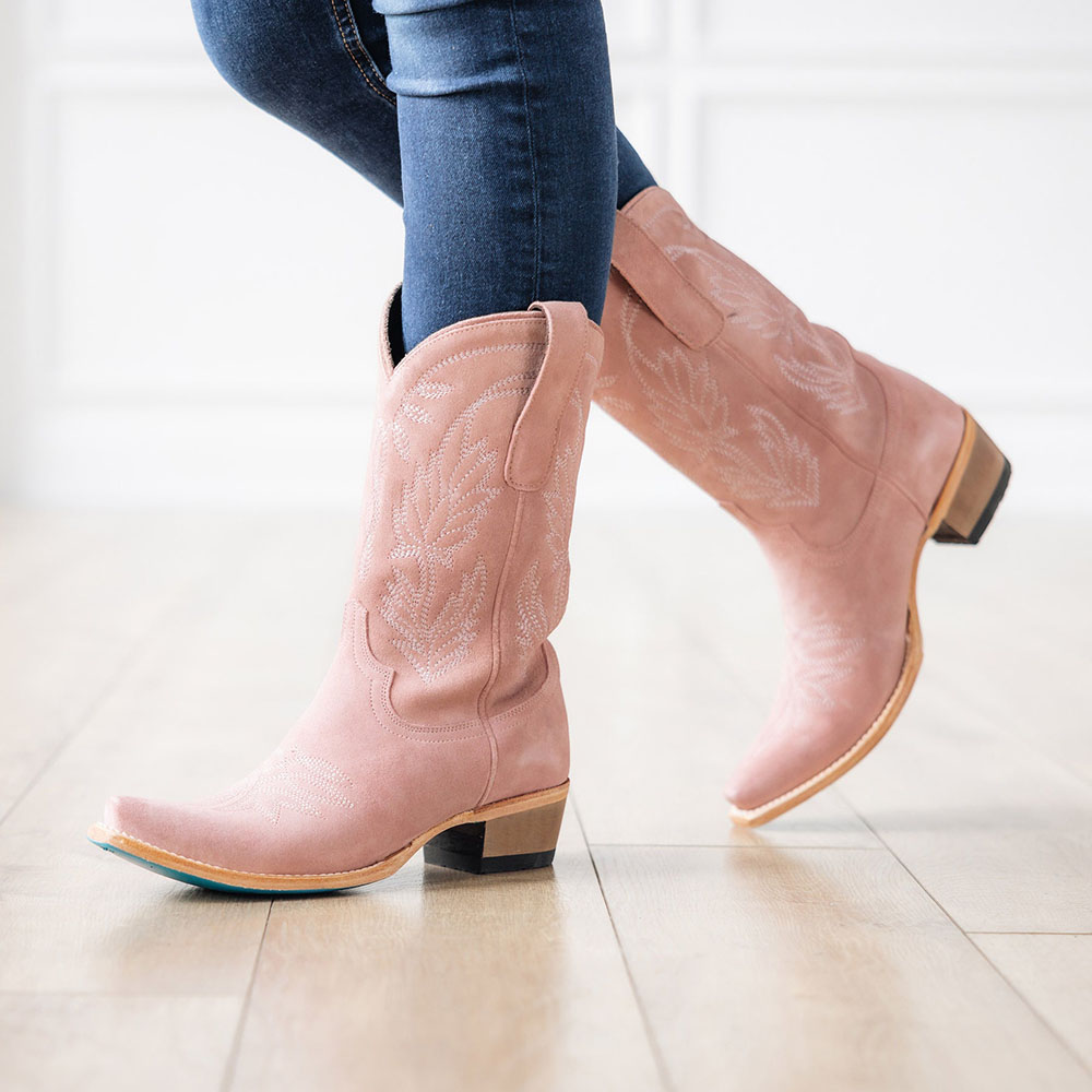 Beige Faux Suede Pointed Toe Chunky Heel Mid-Calf Cowgirl Boots Nicepairs