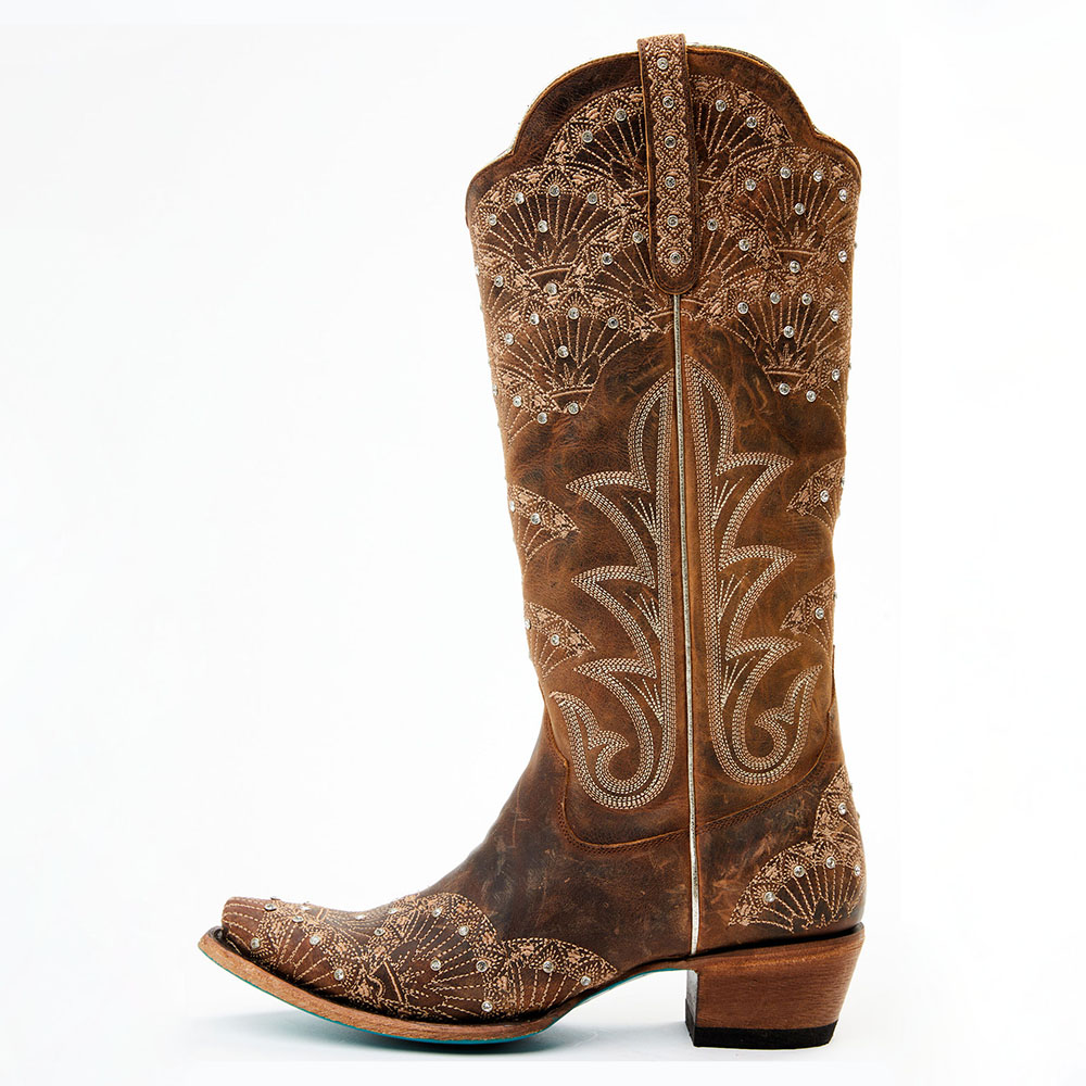 FSJ Brown Snip Toe Seashell Embroidery Crystal Knee Cowgirl Boots