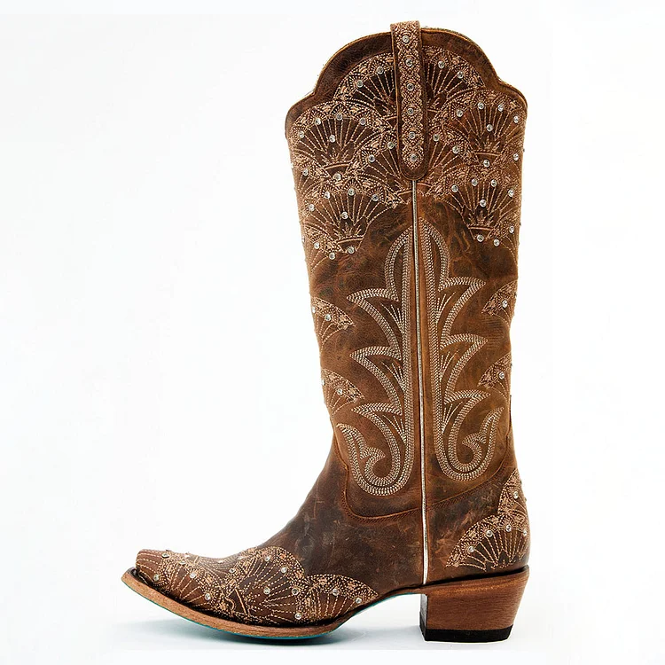 FSJ Brown Snip Toe Seashell Embroidery Crystal Knee Cowgirl Boots |FSJ Shoes