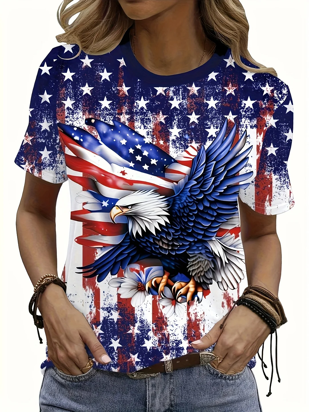 Women's Patriotic Eagle & American Flag Graphic T-Shirt - Casual Short Sleeve Round Neck Tee, Vibrant Colors, Machine Washable, All-Season Comfort, American Flag Shirt, Comfortable Clothing, Bold Design, Comfortable Fit, Durable Print | IFYHOME