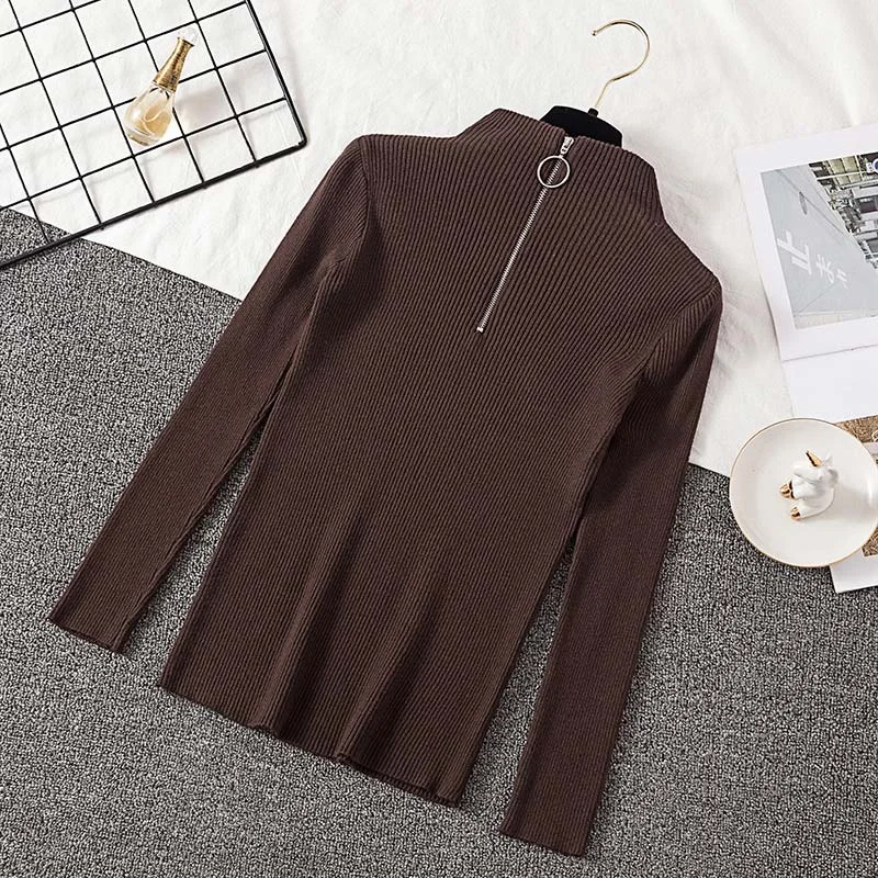 Pullover Women 2020 Fashion Zipper Turtleneck Knitted Sweater Casual Ribbed Knit Winter Tops Woman Sweaters Pullovers Knitwear