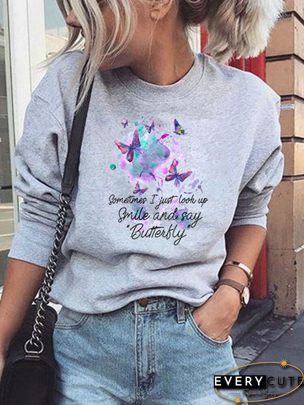 Butterfly Letters Printed Long Sleeve O-neck Sweatshirt For Women