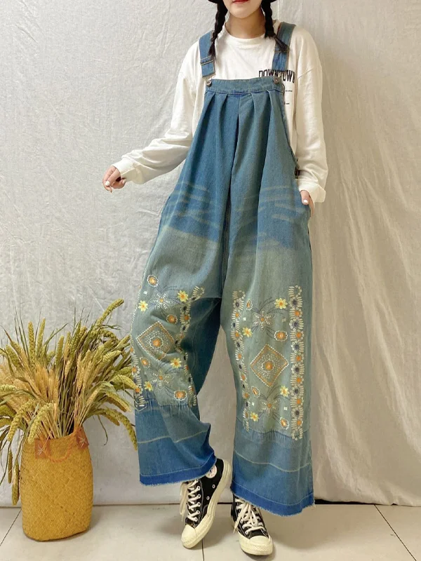 Vintage Denim Embroidered Wide Leg Jumpsuits