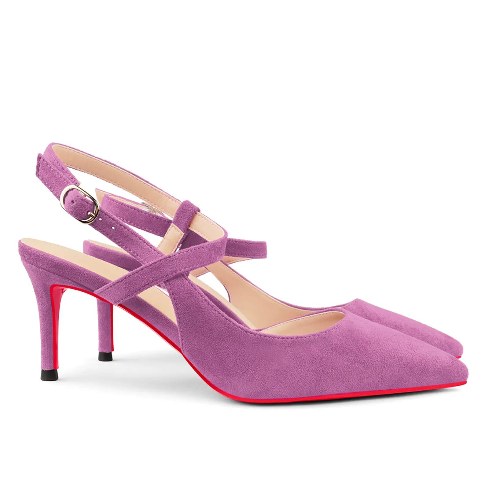 65mm Women Pumps Ankle Strap Jenlove Stiletto Slingback Suede Kitten Pointed Toe Dress Red Bottoms Heels-vocosishoes