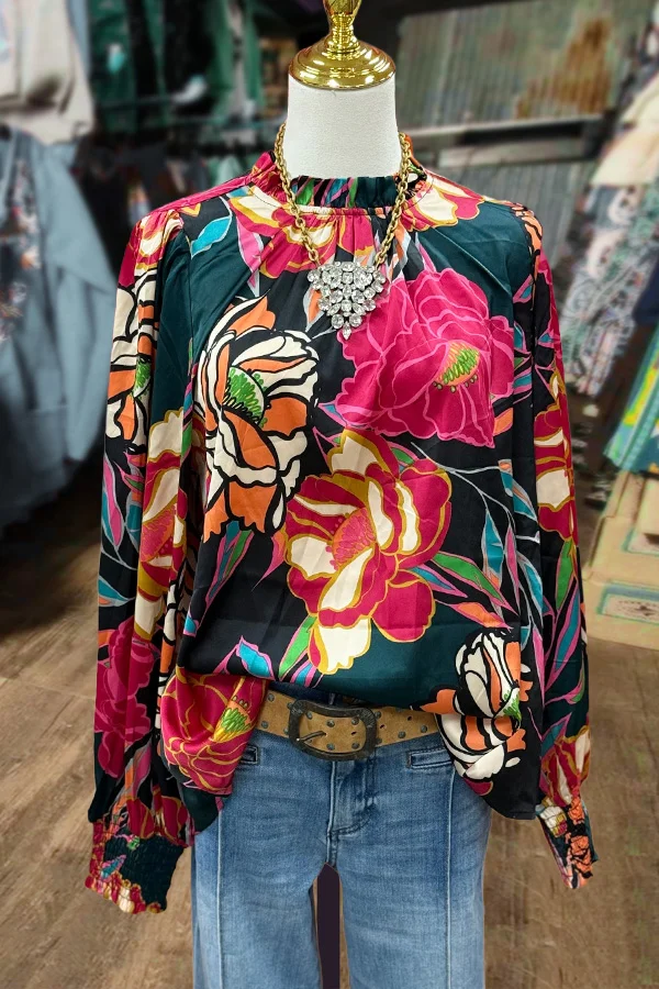 Colorful Floral Print Smocked Long Sleeve Blouse