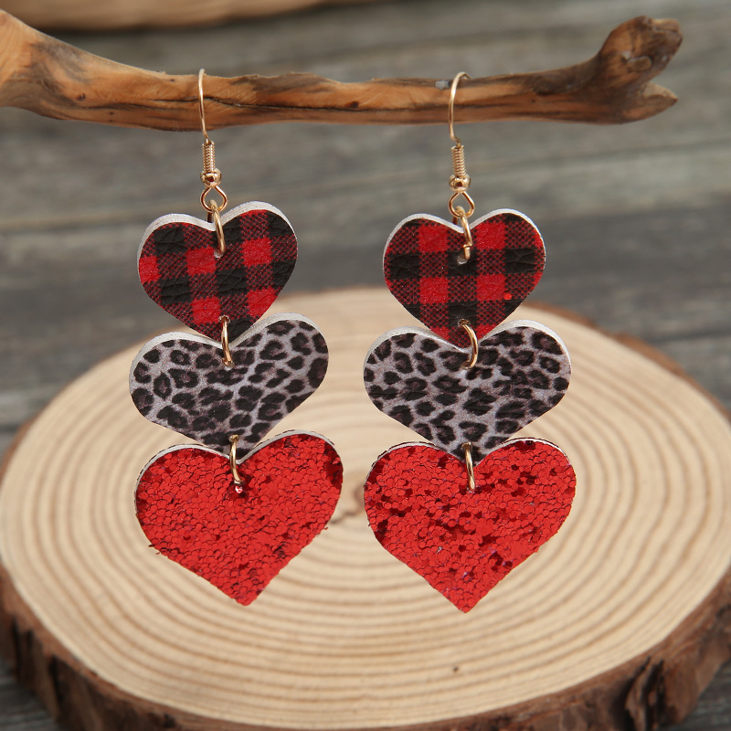 Valentine'S Day Red Leather Plaid Leopard Print Sequin Three Layers Heart Shape Stitching Earrings