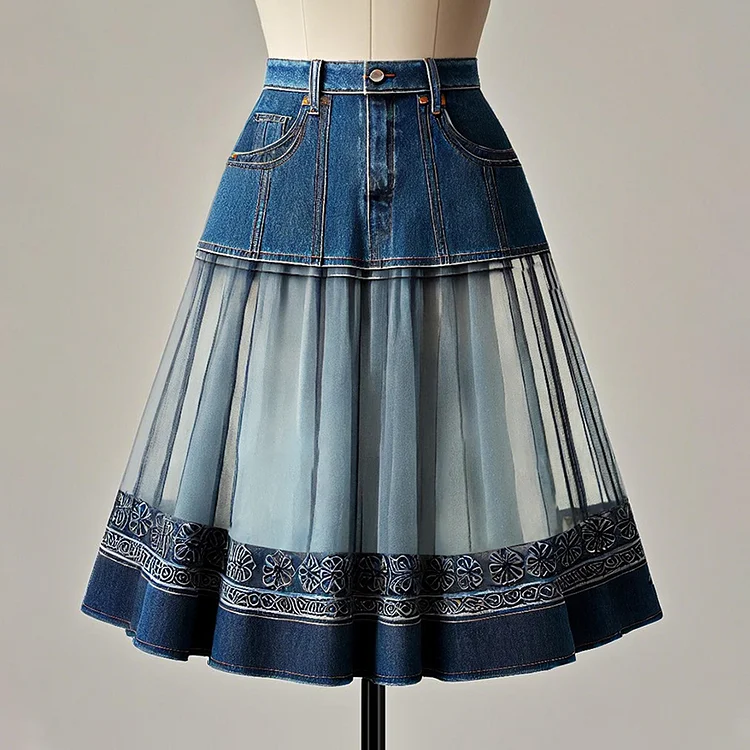 Ursime Denim Patchwork High Rise A-Line Midi Skirt