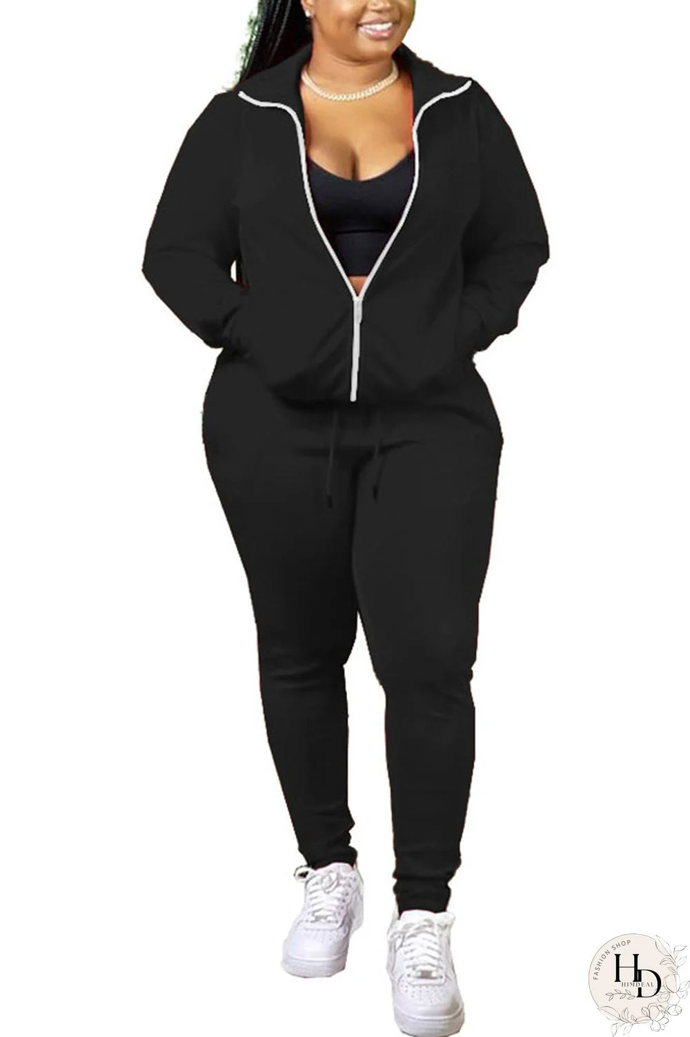 Black Fashion Casual Polyester Cotton Blends Patchwork Solid Split Joint Pocket Pants Basic Zipper Collar Long Sleeve Regular Sleeve Regular Two Pieces