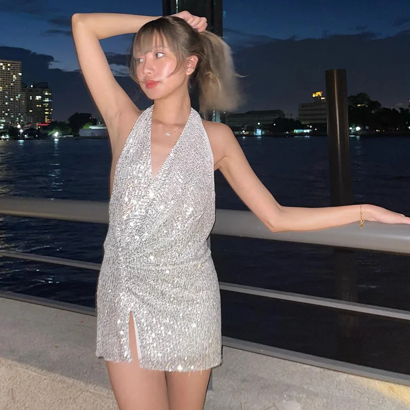 2023 Shine Sequined Halter Sleeveless Backless Slit  Bodycon Mini Prom Dress Fall Women New Evening Party Club