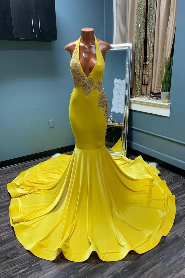 Bellasprom Yellow Halter V-Neck Mermaid Prom Dress Backless With Appliques Bellasprom