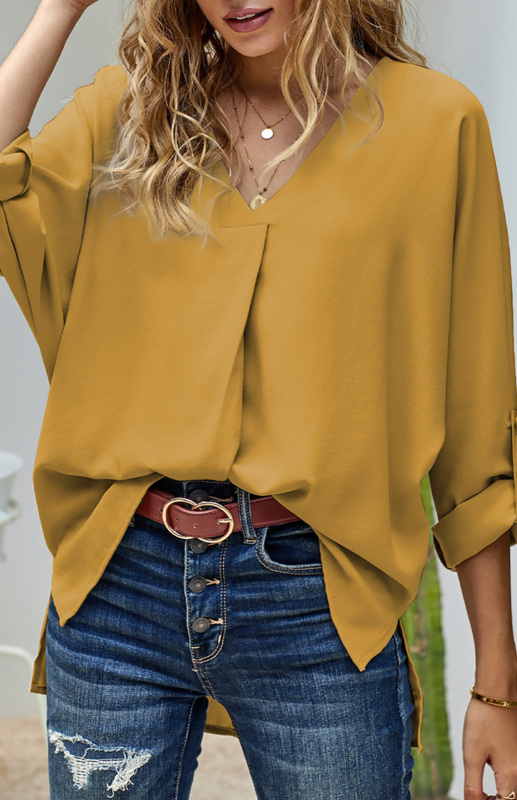 Mature Women Fashion V Neck 3/4 Sleeve High Low Hem Blouse Shirt Top