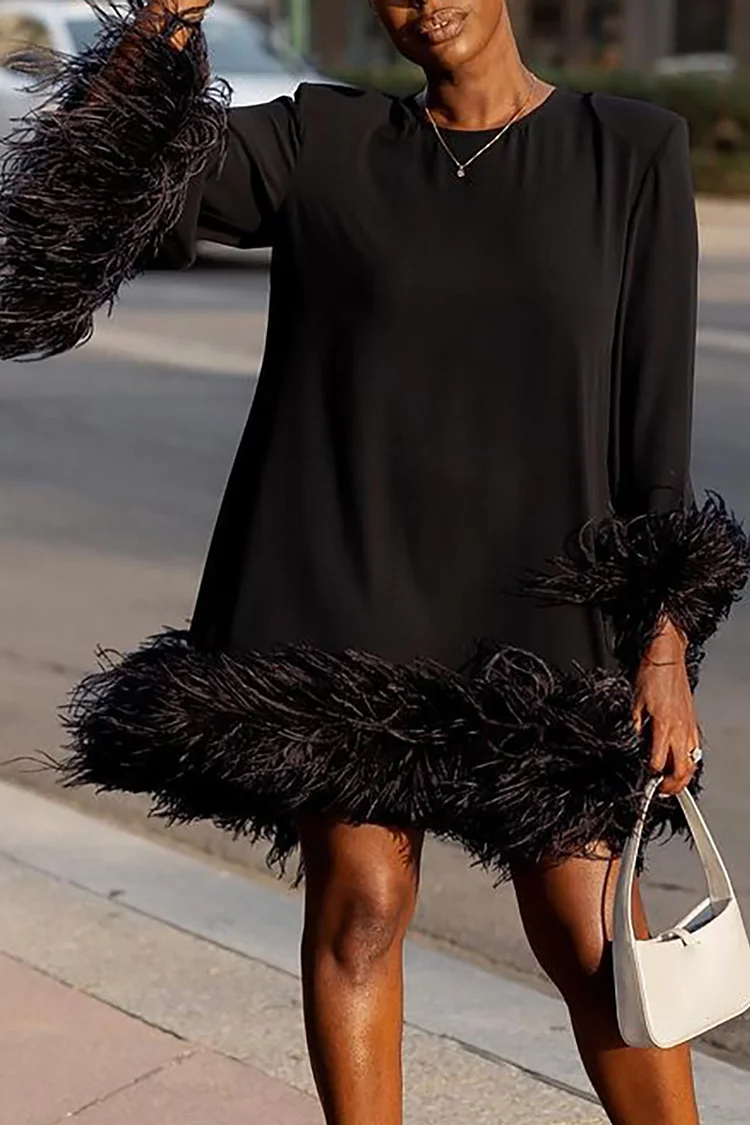 Plus Size Party Dress Black Round Neck Long Sleeve Feather Mini Dress 