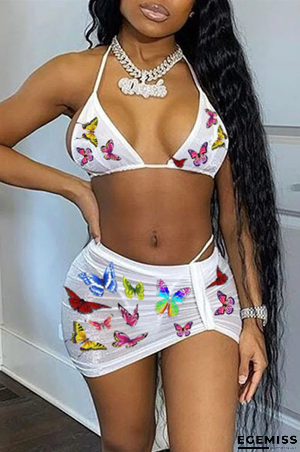 White Fashion Sexy Print Backless Swimwears Three-piece Set | EGEMISS