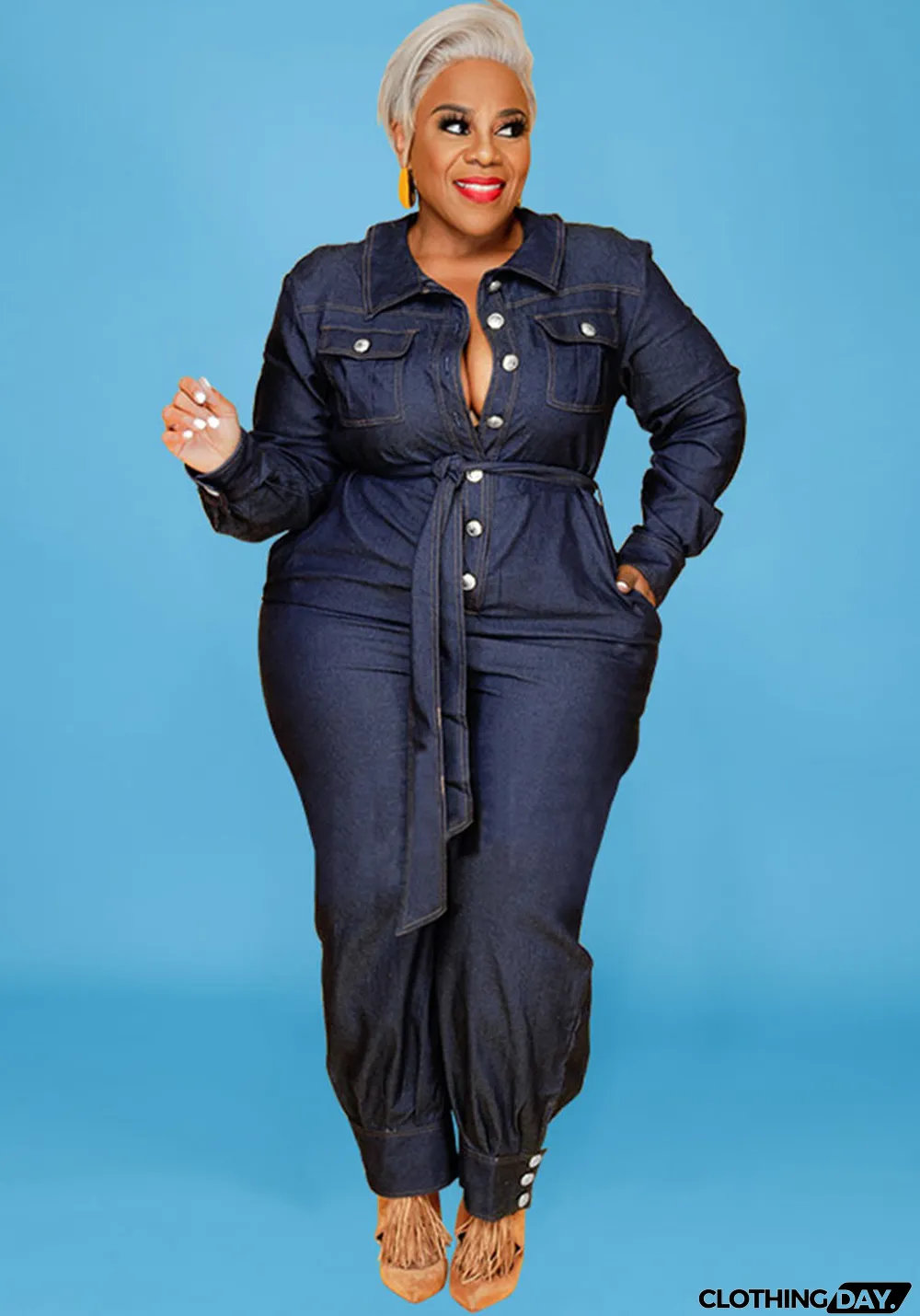 Slim V-Neck Casual Plus Size Women's Denim Jumpsuit