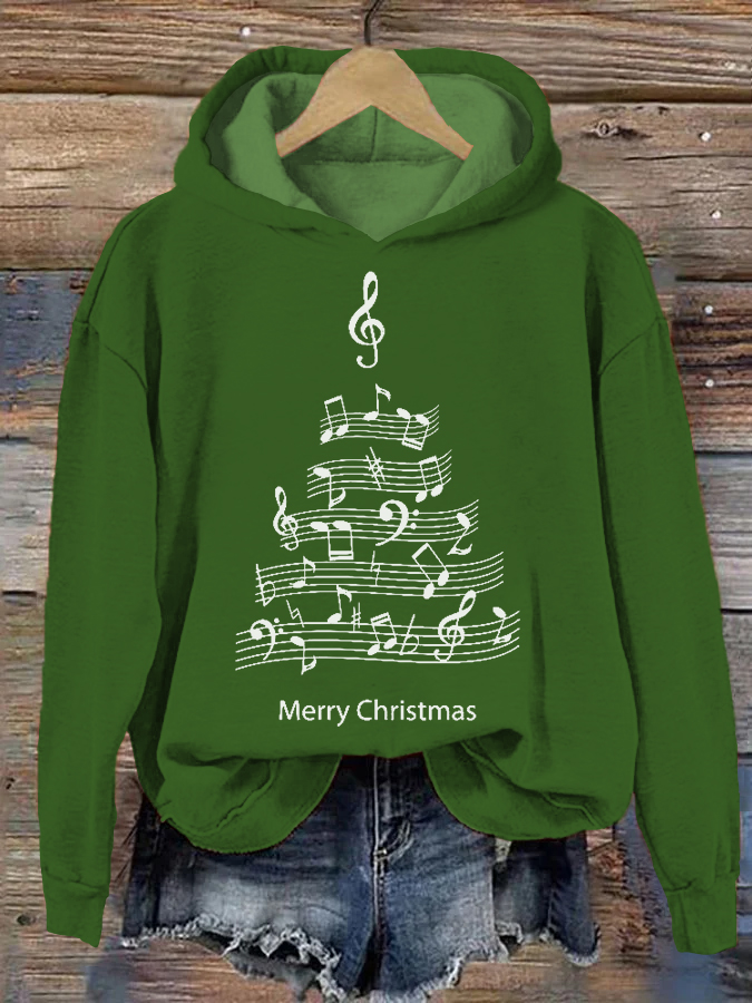 Music Note Christmas Tree Print Casual Cozy Hoodie wearshes