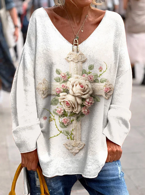 White Ornate Cross and Rose Jesus Floral Easter Long Sleeve Top