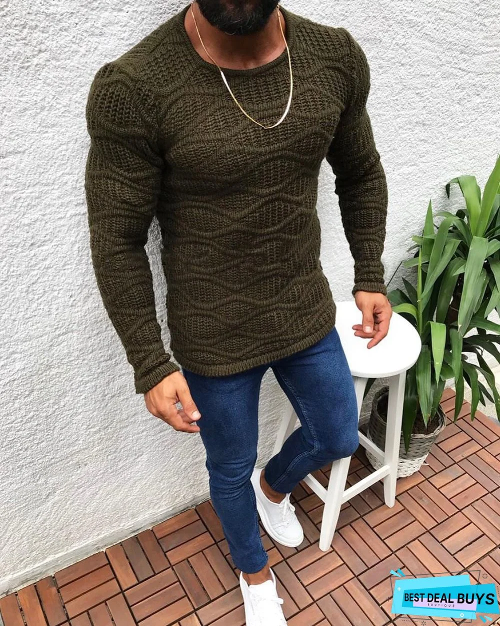 Slim Fitting Long Sleeve Round Neck Pullover Sweater Male