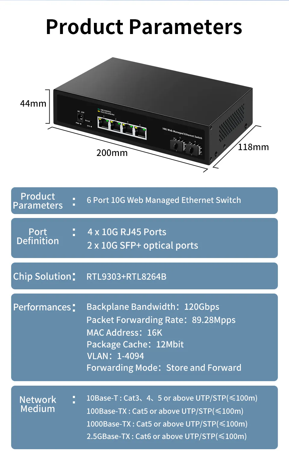 GoodTop 10GbE Web Managed Switch 4 Port RJ45 10000Mbps Smart