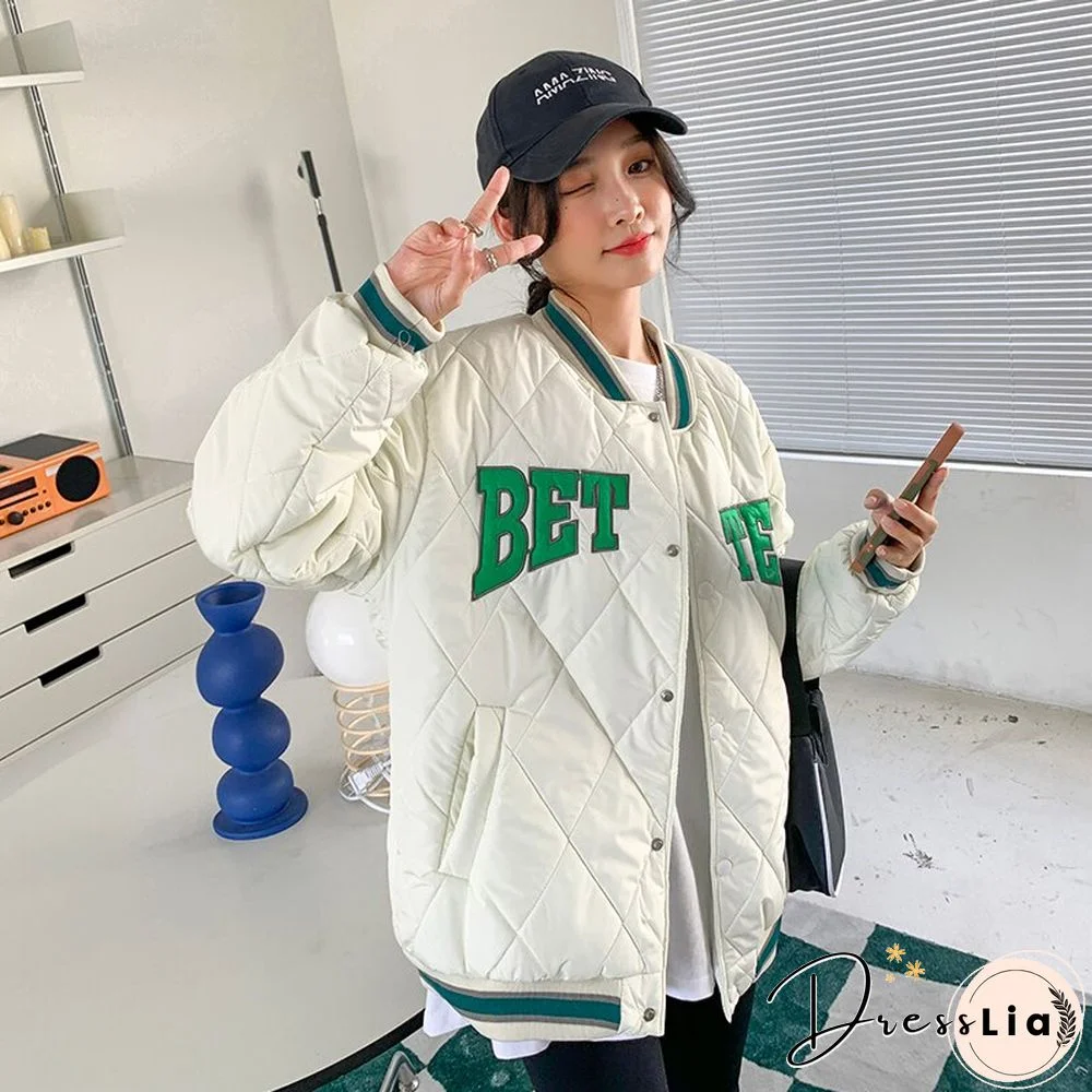 Letter Embroidered Winter Cotton Coat Women American Retro Baseball Uniform Jacket Female Y2K Keep Warm Bomber Jacket New