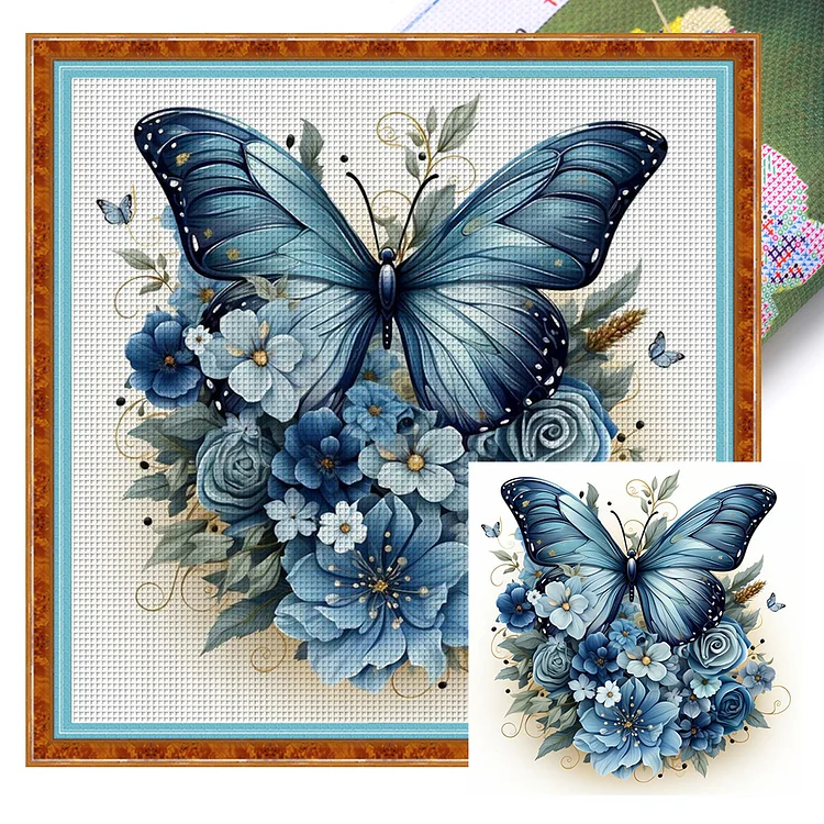 Butterfly Blue Flower 11CT (45*45CM) Stamped Cross Stitch gbfke