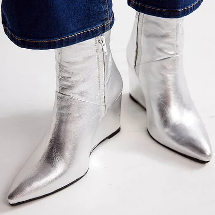 Silver Metallic Square Toe Chunky Heel Side Zip Ankle Boots