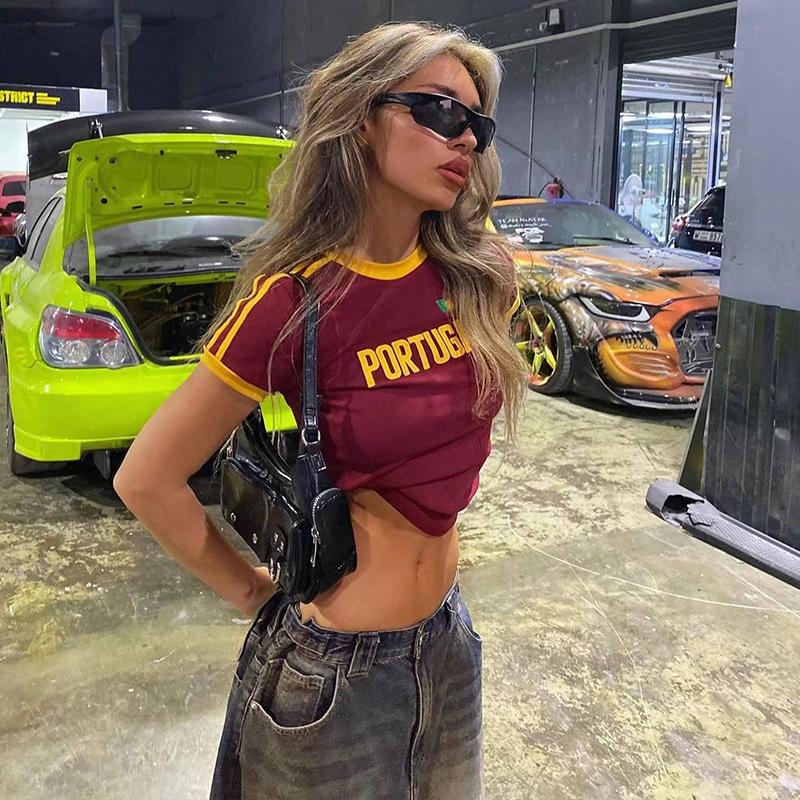 OLCooL American Retro Y2K Millennium Football Suit Wine Red Short-sleeved T-shirt Women's Hot Girls Slim-fit Shoulder Cropped Short Top olcool