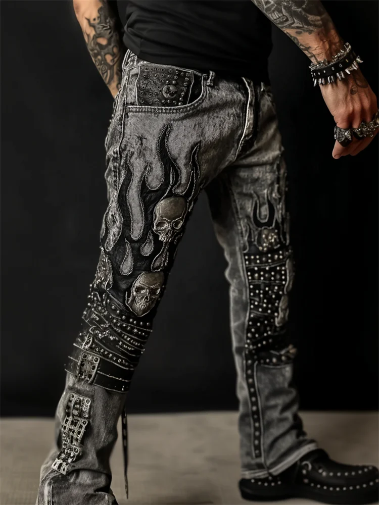 Men's Skulls & Flame Leather Patchwork Rock Studded Washed Jeans