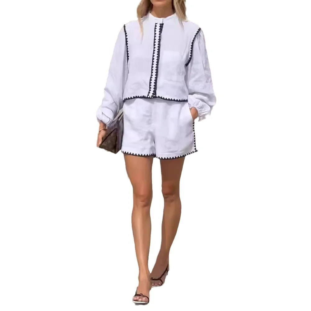 Wongn Wongn Summer Women's Round Collar Solid Color Long Sleeve Sticker Lace Shorts Two-Piece Set