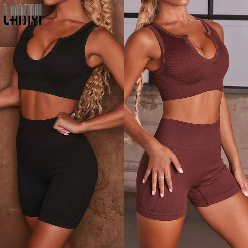 2PCS Sets Ins Hot Seamless Knitting Sexy Gym Sport Workout Short Bra Leggings Suit Tracksuit U Neck Fitness Outfit Sports Suits