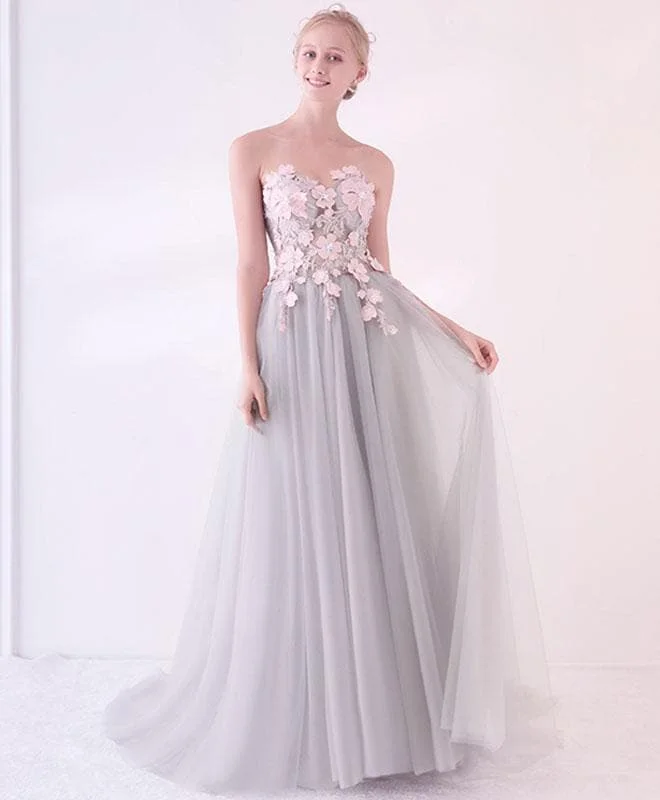 Gray A-Line Applique Tulle Long Prom Dress, Gray Evening Dress