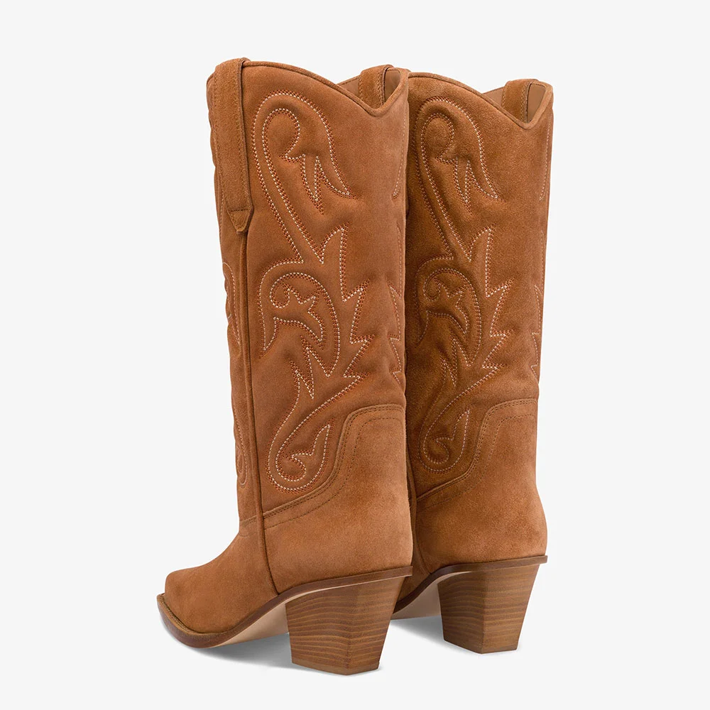 Brown Vegan Suede Chunky Heel Pointed Toe Mid-Calf Cowgirl boots