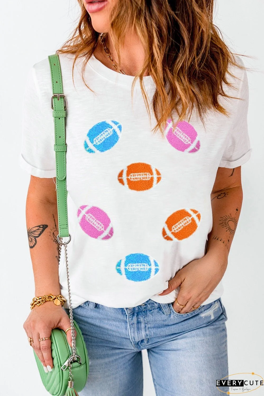 White Rugby Chenille Embroidered Crew Neck T Shirt