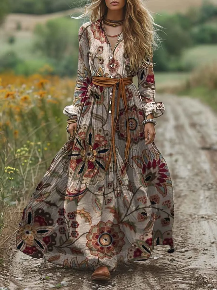 Women's Shirt Collar Vintage Print Pocket Long Sleeve Linen Dress
