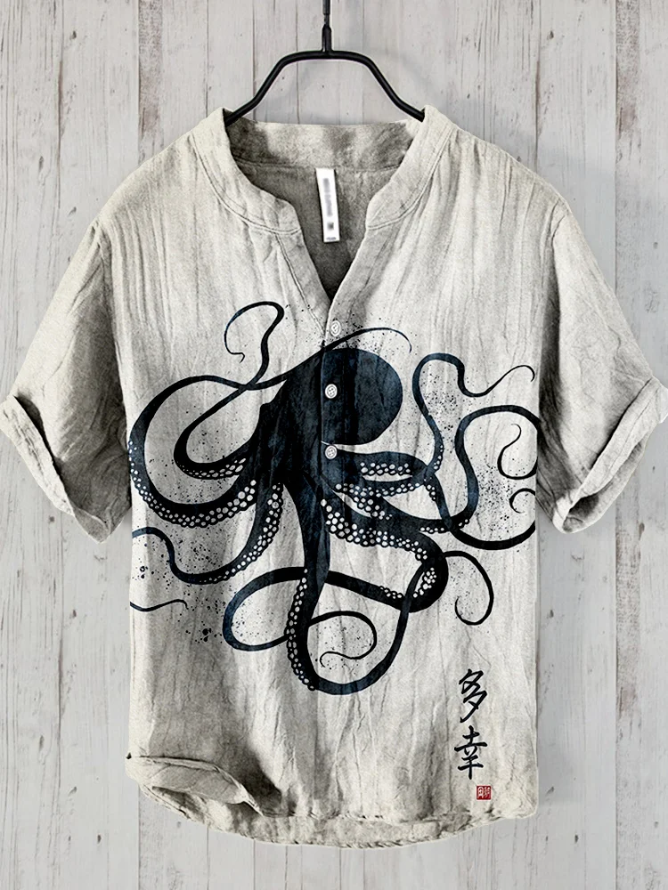 Comstylish Octopus Japanese Calligraphy Art Linen Blend Shirt