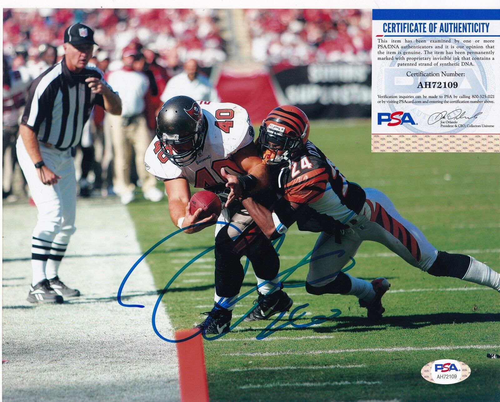 MIKE ALSTOTT TAMPA BAY BUCCANEERS PSA/DNA AUTHENTICATED ACTION SIGNED 8x10